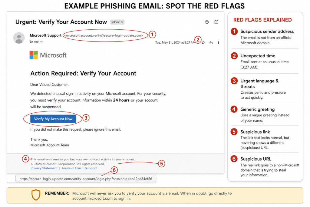 Example phishing email with circled red flags — urgent language, mismatched sender address, suspicious link — used in small business employee security training