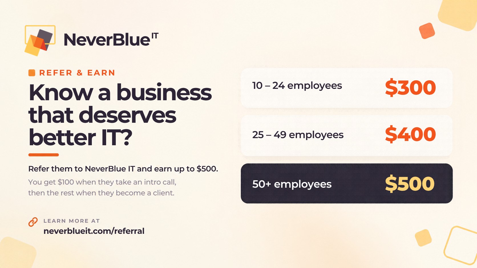 NeverBlue IT referral program: earn $300 for businesses with 10 to 24 employees, $400 for 25 to 49, and $500 for 50 or more.